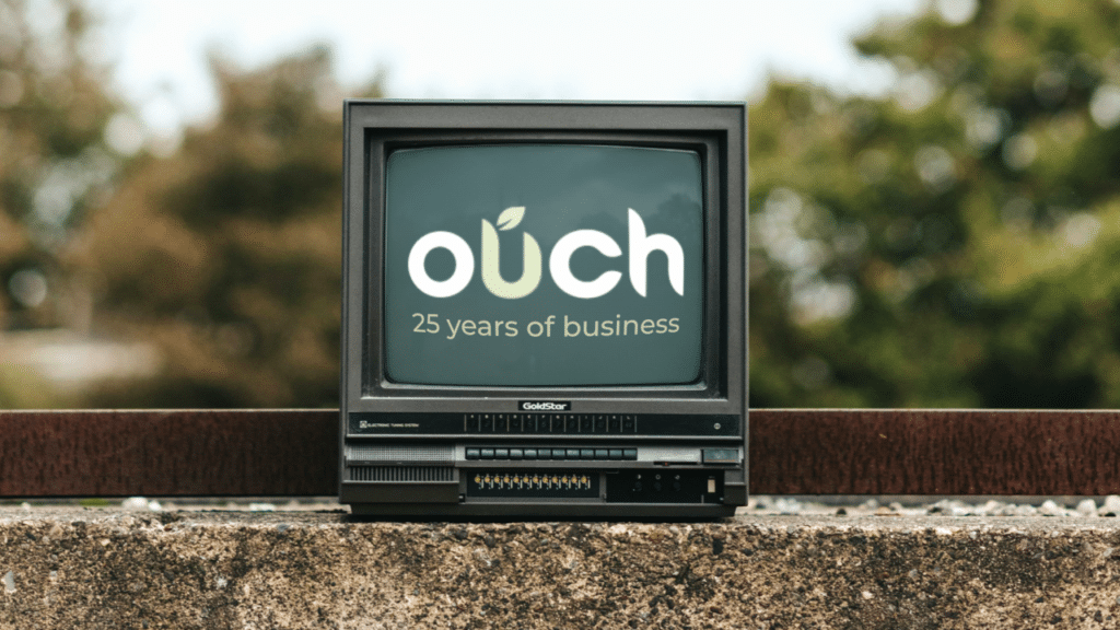 Old fashioned TV, showing updated Ouch logo.
