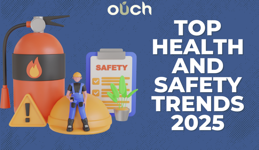 Illustration depicting the top health and safety trends for 2025, featuring icons of wearable devices, AI, VR training, and more, symbolizing the technological advancements and evolving workplace dynamics that are shaping the future of safety.