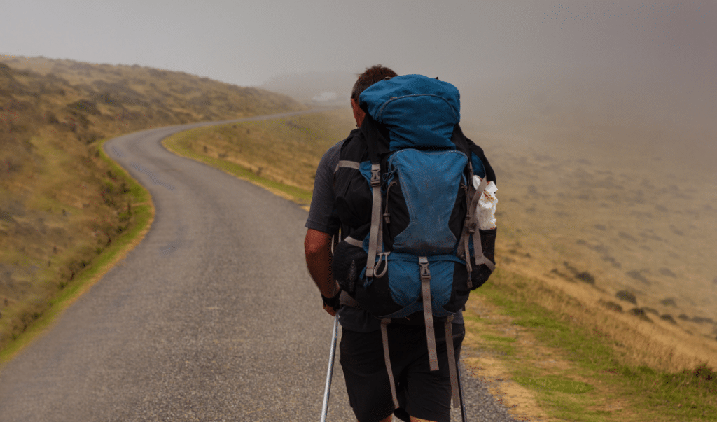 A photo showing a pilgrim traveling along the Camino Frances.