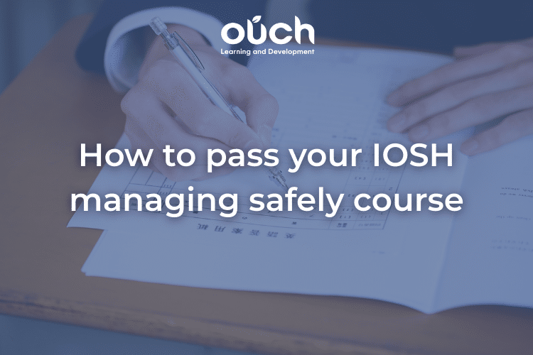 Picture of someone taking their IOSH test with a blue overlay and text over the top.