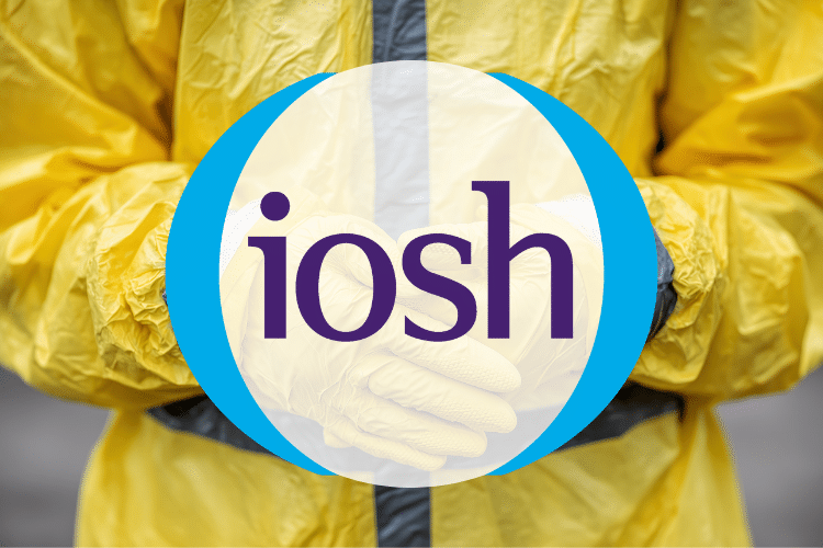 An image of the IOSH logo over a health and safety protective suit.