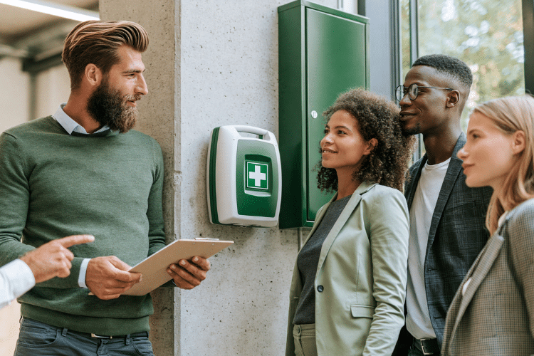 A group of employees who are deciding who needs first aid training at work.