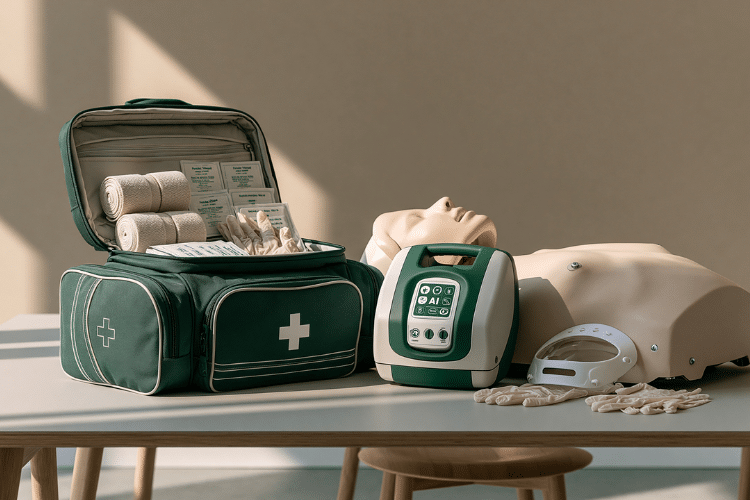The contents of a first aid kit for a first aid at work course.