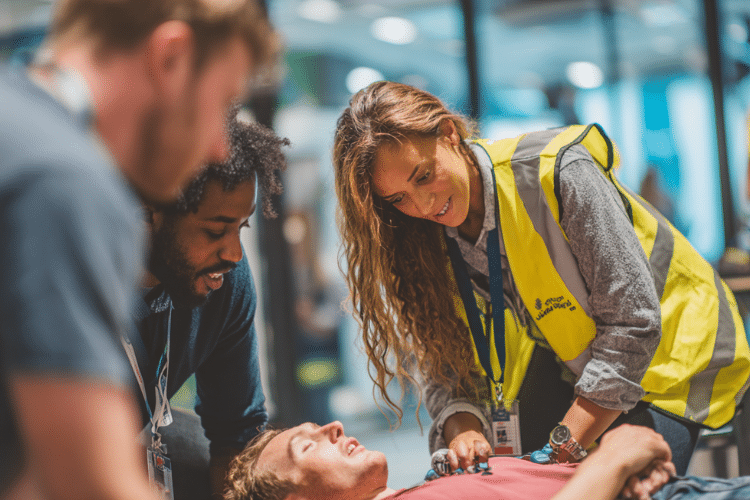 Modern UK workplace first aid scene, trained workplace first aider calmly treating a colleague with a minor arm injury