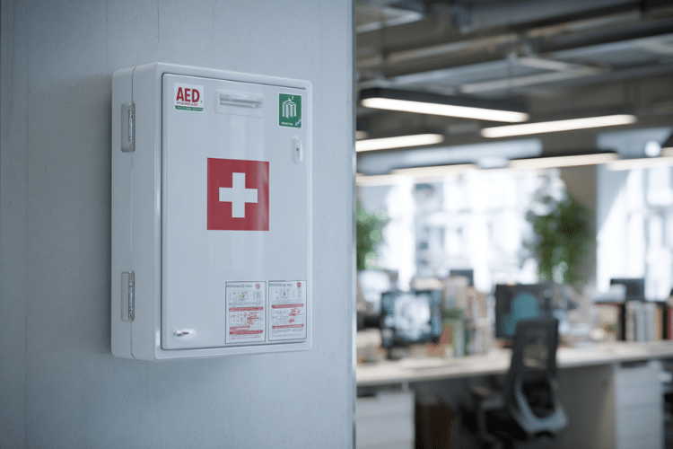 Professional UK workplace first aid station mounted on a clean office wall