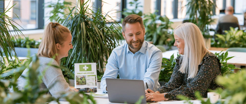 Manager and employee reviewing a first aid training schedule on a laptop in a bright modern office.