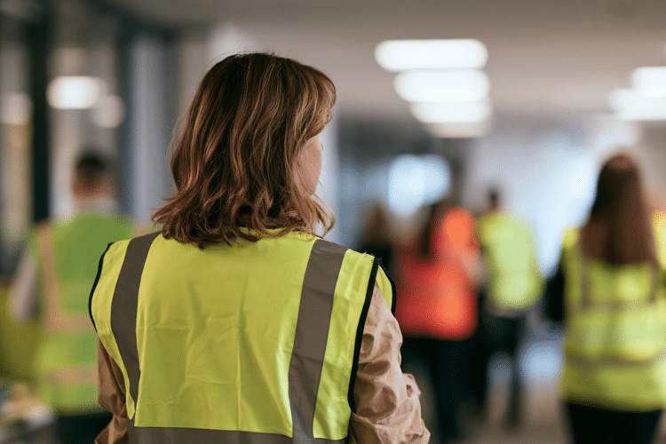 A fire marshal in a high-visibility vest leading a small group of office workers during a planned fire drill.