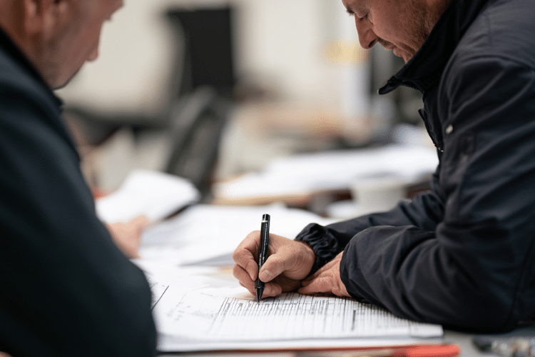 Delegate completing Fire Marshal training paperwork during a practical workplace fire safety course.