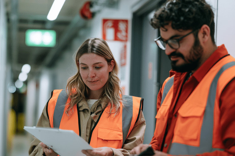 Two fire marshals in high-visibility vests reviewing a clipboard during a workplace fire safety check.