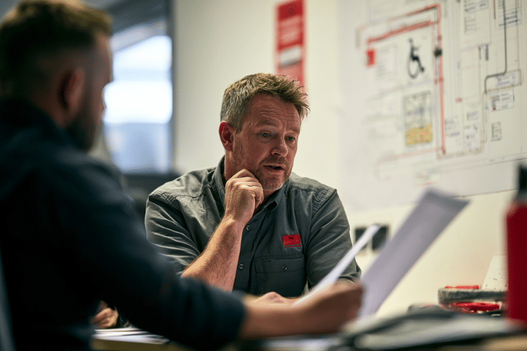 Trainer discussing fire safety paperwork with delegates during a workplace Fire Marshal training session.