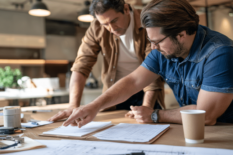 Two tradespeople reviewing asbestos survey documents and building plans