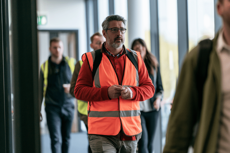 A UK office fire marshal wearing a high-visibility vest during a calm workplace fire drill.