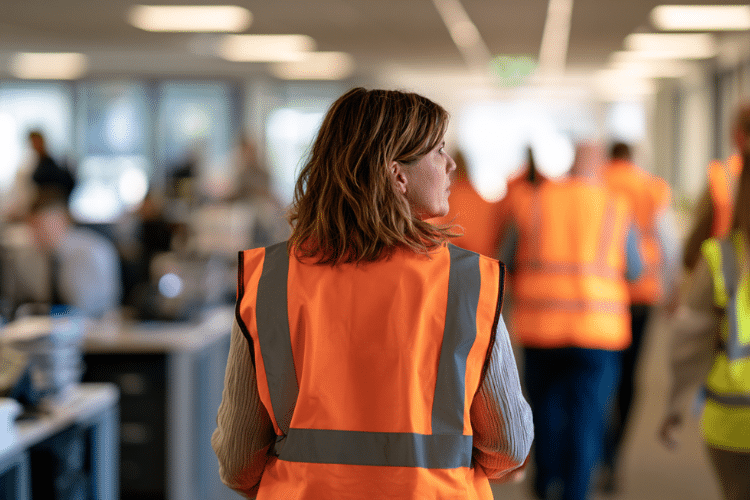 A fire marshal wearing a high-visibility vest guiding workers during a fire drill