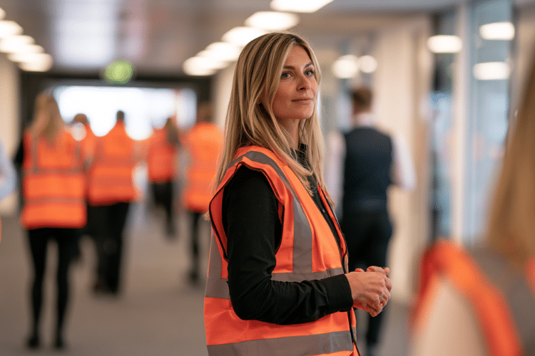 A fire marshal in a high-visibility vest calmly directing office workers during a planned fire drill