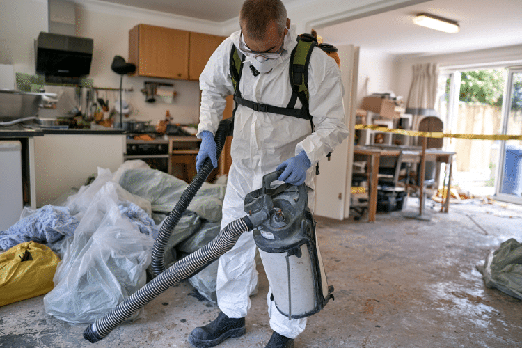 Worker in protective clothing using a specialist vacuum during controlled asbestos work