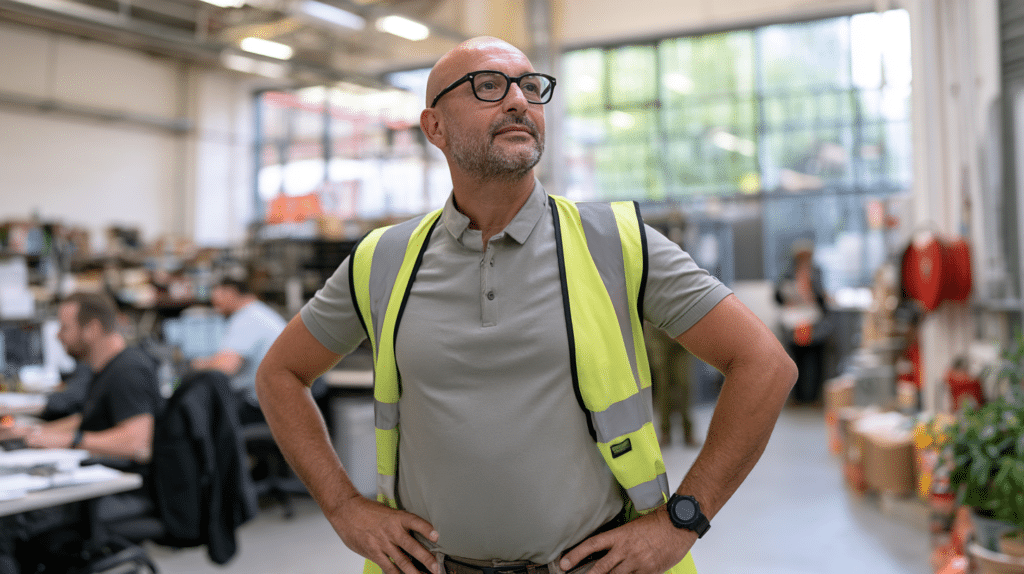 Workplace fire marshal checking for potential fire safety hazards