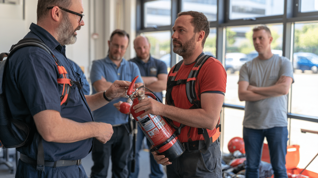 Fire Marshal training instructor demonstrating how to use a fire extinguisher