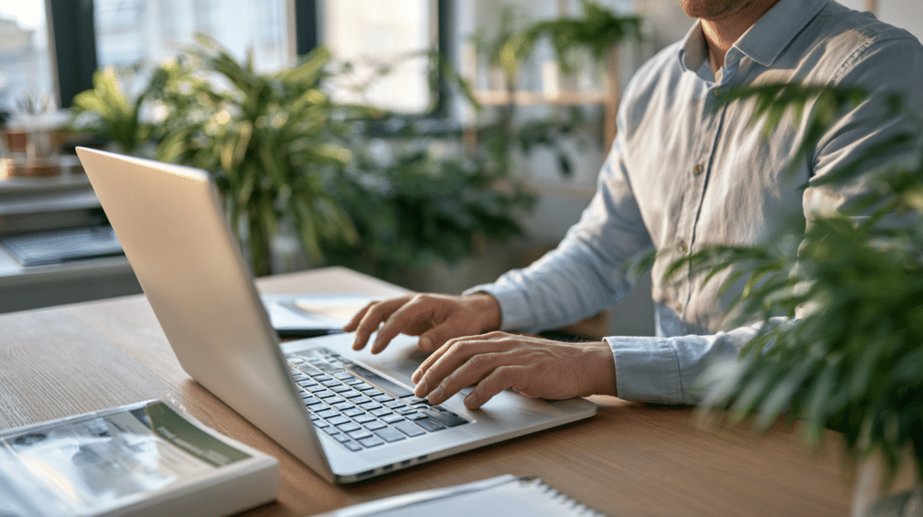 Training coordinator booking a workplace first aid course online in a calm office setting