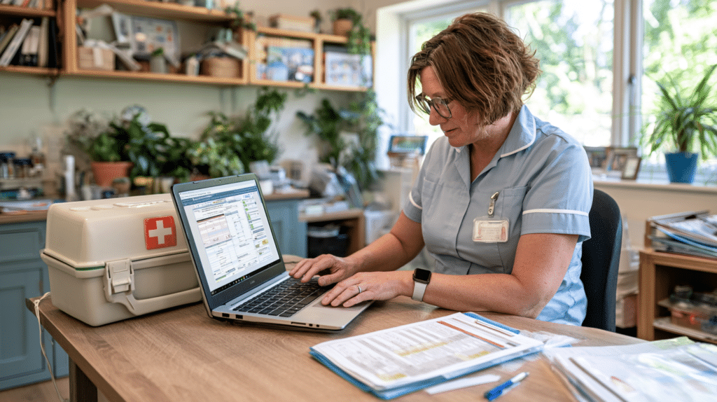 Training coordinator planning workplace first aid course dates with a first aid kit and laptop